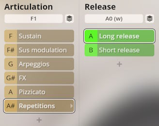 Studio Percussion software interface showing Articulation and Release settings for musical instruments, including sustain, arpeggios, pizzicato, and long/short release options.