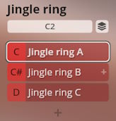 Studio Percussion jingle ring instrument selection screen with Jingle ring A, B, and C options labeled C, C#, and D, respectively.