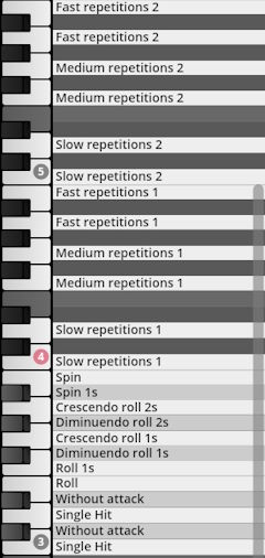 Virtual instrument piano roll interface displaying percussive articulation options like repetitions, rolls, spins, and single hits for Studio Percussion.