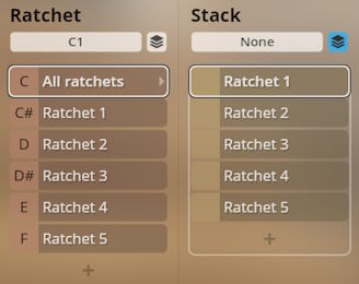 Studio Percussion virtual instrument interface showing ratchet sound selection and stacking options.