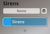 User interface showing two buttons, one labeled None and another selected button labeled Sirens, representing a sound or instrument choice within Studio Percussion software.