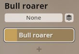 User interface buttons for selecting None or an activated Bull Roarer percussion instrument in Studio Percussion software.