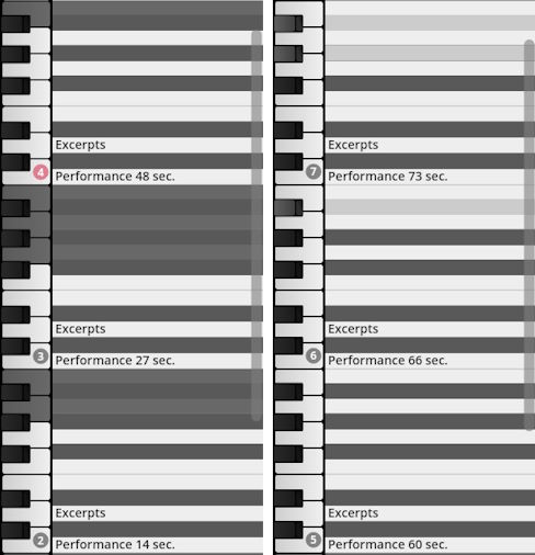Studio Percussion VI sample library interface showing key assignments for excerpts and performance times in seconds.