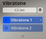 Digital interface showing Vibratone with Vibratone 1 and Vibratone 2 selected, indicating instrument variations within Studio Percussion software.