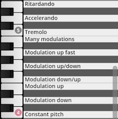 Virtual instrument keyboard mapping for Studio Percussion, displaying modulation controls like Ritardando, Accelerando, Tremolo, and various pitch modulations.