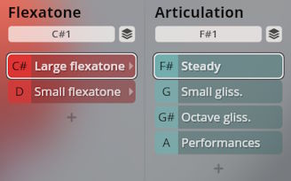 User interface displaying Flexatone and Articulation parameters for Studio Percussion software, showing options like Large flexatone, Small flexatone, Steady, Small gliss., Octave gliss., and Performances.