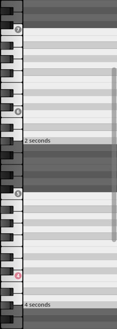 Virtual Instrument (VI) percussion keyboard mapping with time markers at 2 and 4 seconds, illustrating Studio Percussion.