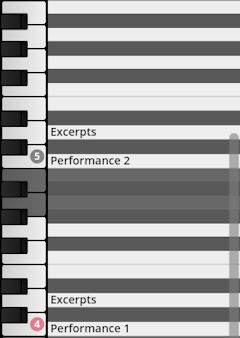 Virtual piano keyboard interface showing labeled sections like Excerpts and Performance, relevant to Studio Percussion software.