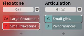 User interface displaying Flexatone and Articulation settings for Studio Percussion, showing options like Large flexatone, Small flexatone, Small glissando, and Performances.