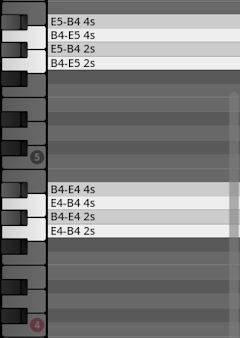 A vertical piano roll interface displays musical notes and dynamic markings for percussion, showing E5-B4 and B4-E4 ranges with 4s and 2s values.