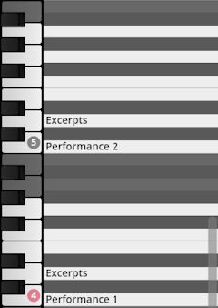 Screenshot showing piano keyboard layout for Studio Percussion virtual instrument, with sections labeled Excerpts and Performance 2, Performance 1.