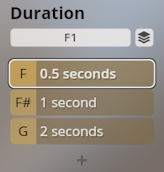 Studio Percussion software interface showing a duration setting of 0.5 seconds for note F.