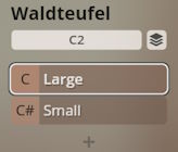 Waldteufel percussion instrument C2 size selection interface with Large and Small options.