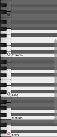 Virtual instrument percussion keymap with sections labeled Tremolo, Long, Medium, and Short, illustrating note ranges on a piano roll interface.