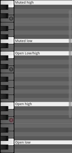 Studio Percussion VI instrument interface mapping different note ranges to muted high, muted low, open low/high, open high, and open low articulation examples.