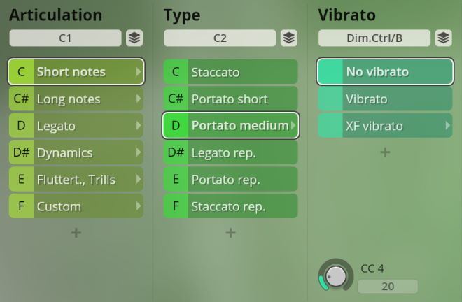 Digital interface displaying woodwind sound articulations: Short notes, Portato medium, and No vibrato selected.