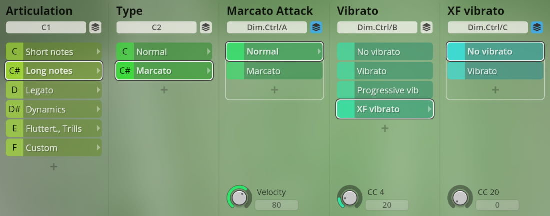 Software interface for woodwind instrument sound editing, showing articulation, type, marcato attack, vibrato, and XF vibrato parameters selected for long notes, normal type, normal marcato attack, and XF vibrato on.