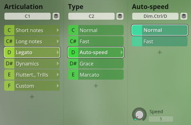 Studio One Woodwinds software interface showing articulation, type, and auto-speed parameters with Legato, Auto-speed, and Normal selected.