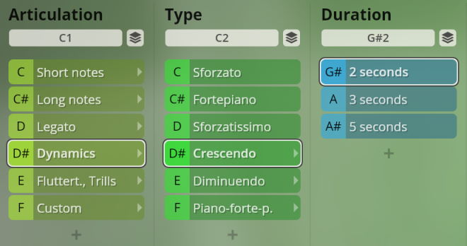 User interface showing woodwind articulation, type, and duration settings for Studio Special Woodwinds software, with Dynamics and Crescendo selected.