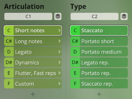 User interface for music software displaying two columns labels Articulation and Type with various musical parameters like Staccato, Legato, Short notes, and Long notes, for Studio Special Woodwinds.