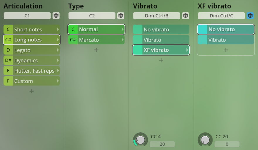 Software interface showing articulation, type, and vibrato controls for Studio Special Woodwinds, with Long notes and XF vibrato options highlighted.