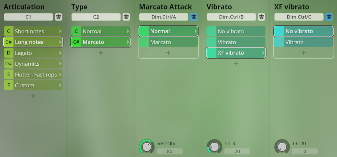 A green user interface displaying woodwind articulation options including short notes, long notes, legato, dynamics, flutter, marcato attack, vibrato, and XF vibrato, with adjustable velocity and controller settings.