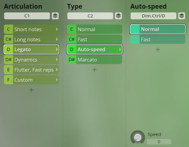 Virtual instrument interface showing Studio Special Woodwinds articulation, type, and auto-speed settings, with Legato and Auto-speed selected.