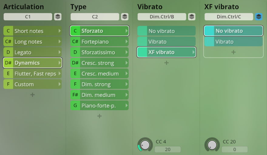 Studio Special Woodwinds software interface showing articulation, type, vibrato, and XF vibrato controls with options like Dynamics, Sforzato, and No vibrato selected.