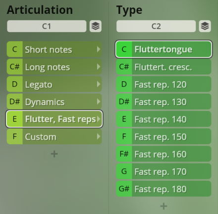 Screenshot of the Studio Special Woodwinds software interface showing Articulation and Type selection menus with options like Short notes, Legato, Flutter, Fast reps, and Fluttertongue.