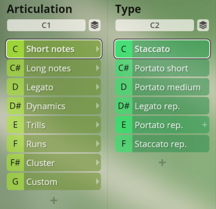 Studio Special Woodwinds software interface showing selectable articulation and type options for musical notes, including short notes, legato, staccato, portato, and trills.