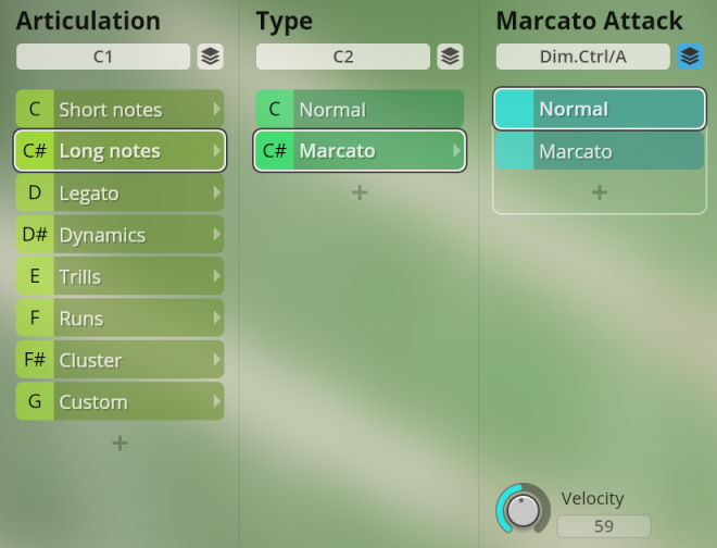 Studio Special Woodwinds software interface displaying articulation, type dropdowns, and Marcato Attack settings, with Velocity control at 59.