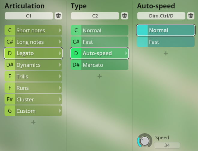 A screenshot of the Studio Special Woodwinds software interface showing menus for Articulation, Type, and Auto-speed settings, with Legato and Auto-speed options highlighted.