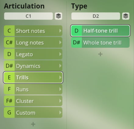 Software interface displaying articulation options like short notes, trills, legato, dynamics, runs, and clusters for Studio Special Woodwinds musical instruments, with Half-tone trill and Whole tone trill selected under Type.