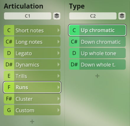 User interface displaying sound articulation and type settings for woodwind instruments, including options like short notes, long notes, legato, dynamics, trills, runs, clusters, and chromatic or whole tone types.
