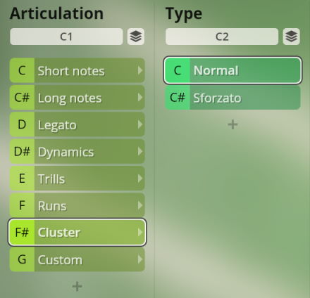 Screenshot of a digital audio workstation (DAW) interface showing Articulation and Type settings for Studio Special Woodwinds with options like Short Notes, Long Notes, Legato, Dynamics, Trills, Runs, Cluster, and Sforzato.