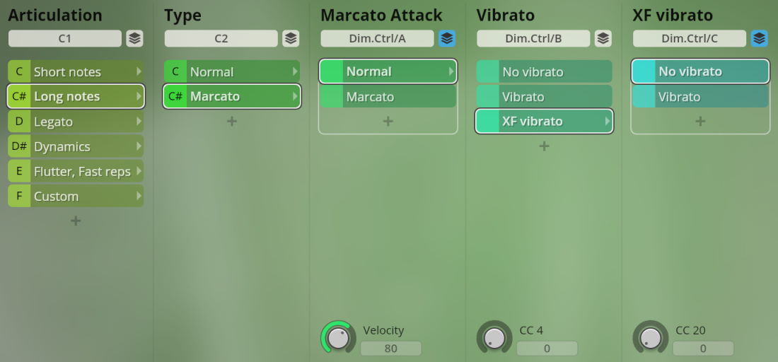 User interface for Studio Special Woodwinds software, displaying articulation, type, marcato attack, vibrato, and XF vibrato settings with velocity and CC controls.