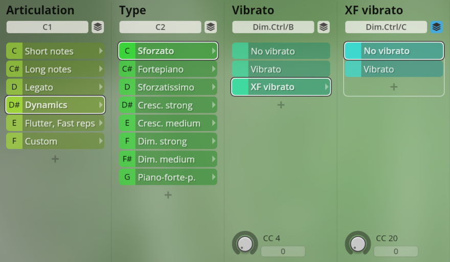 Visual interface showing selectable woodwind instrument articulations (Short notes, Long notes, Legato, Dynamics, Flutter, Custom), types (Sforzato, Fortepiano, Sforzatissimo, Crescendo, Diminuendo, Piano-forte-p), and vibrato options (No vibrato, Vibrato, XF vibrato) for MIDI control of Studio Special Woodwinds.