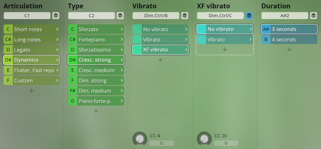 A user interface for Studio Special Woodwinds software, displaying options for articulation, type, vibrato, XF vibrato, and duration parameters for musical instrument sounds.