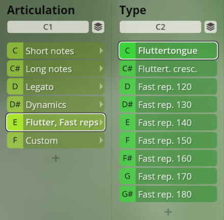 Studio Special Woodwinds software interface displaying articulation and type selection options like Fluttertongue, short notes, long notes, legato, dynamics, and fast repetitions.