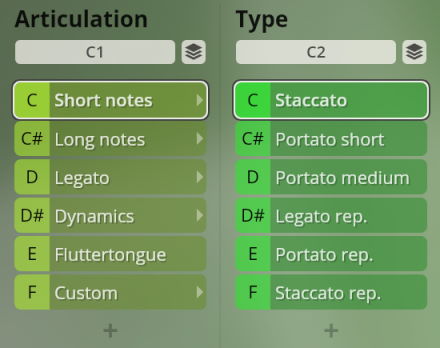 Software interface displaying selectable musical articulations like Short notes, Long notes, Legato, Dynamics, Fluttertongue, Custom, and types such as Staccato, Portato short, Portato medium, Legato rep., Portato rep., Staccato rep., for the Studio Special Woodwinds library.