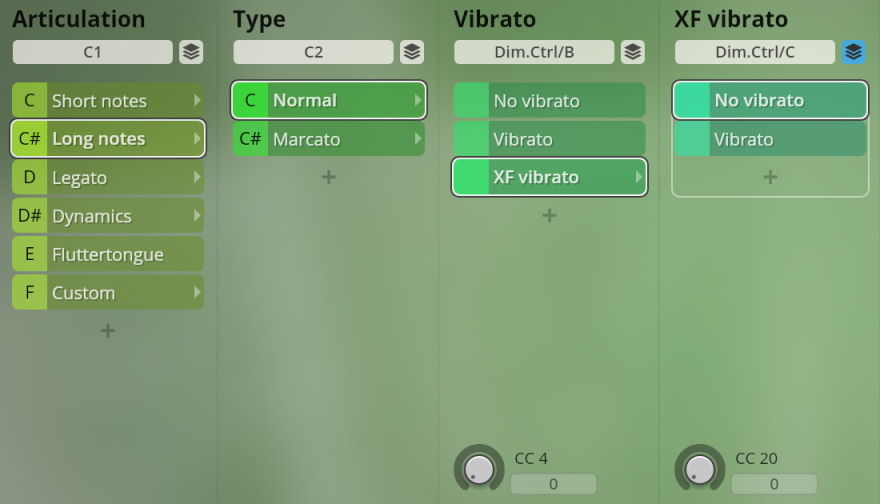 User interface showing Studio Special Woodwinds articulation, type, and vibrato settings.
