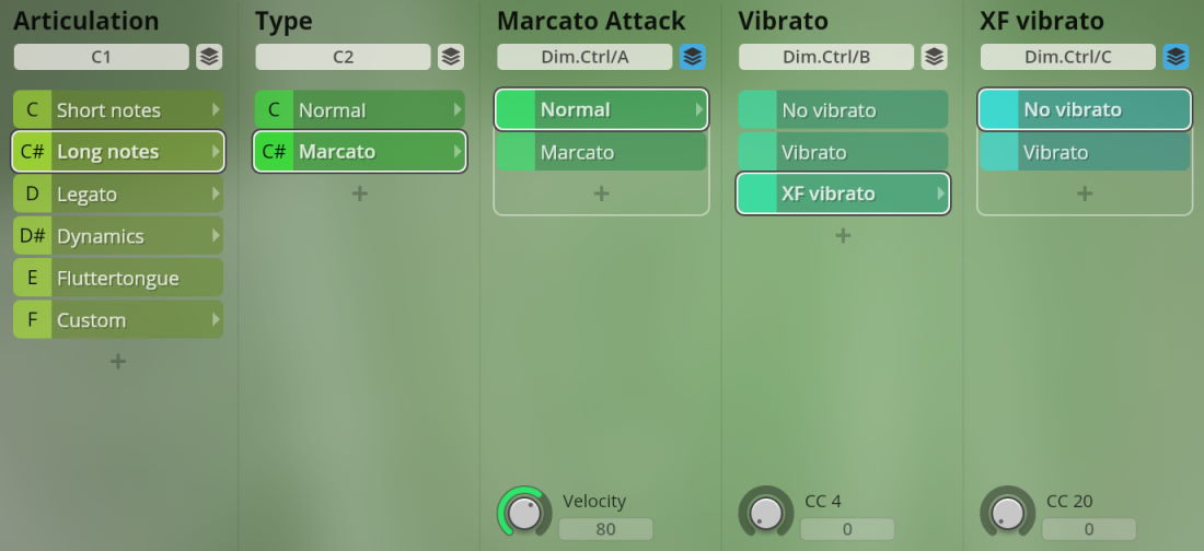 Studio Special Woodwinds software interface displaying articulation, type, vibrato, velocity, and CC controls for musical instruments.