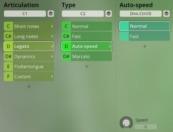 User interface for Studio Special Woodwinds software, showing articulation, type, and auto-speed settings with Legato and Auto-speed selected.