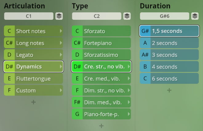 Music software interface displaying options for Articulation, Type, and Duration settings for Studio Special Woodwinds, with Dynamics, Cre. str., no vib., and 1.5 seconds selected.