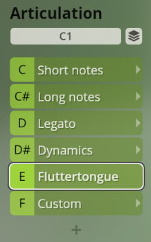 Studio Special Woodwinds Articulation C1 menu showing Fluttertongue selected.