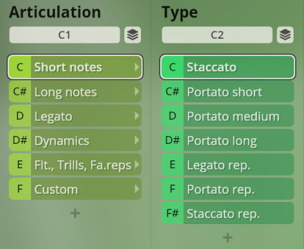 User interface for Studio Special Woodwinds software, displaying Articulation and Type options including short notes, long notes, legato, dynamics, staccato, and portato for musical instrument sound control.