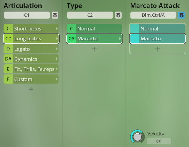 Software interface showing woodwind articulation, type, and marcato attack options with controls for velocity.