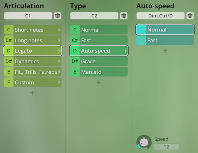 User interface showing articulation, type, and auto-speed settings for Studio Special Woodwinds software, featuring options like Legato, Auto-speed, Normal, and Fast, with a speed control knob.