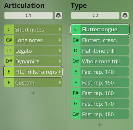 Virtual instrument interface displaying 'Articulation' options like Short Notes, Legato, Dynamics, and 'Type' options including Fluttertongue, Half-tone Trill, and Fast Repetitions for woodwind sound samples.