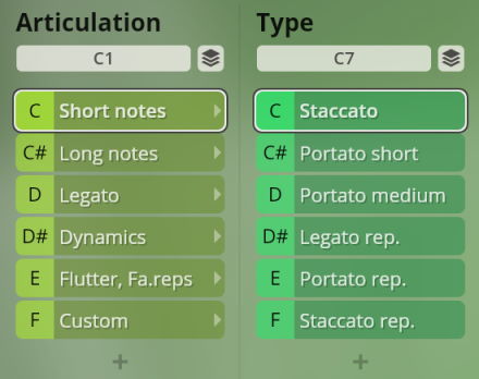 Studio Special Woodwinds instrument articulation and type options, showing categories like Short notes, Long notes, Legato, Dynamics, Flutter, Custom, Staccato, Portato short, Portato medium, Legato rep, Portato rep, and Staccato rep.